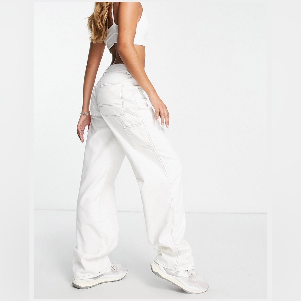 Minimal Cargo Pants in White Corduroy with Contrast Stitches Size 10
